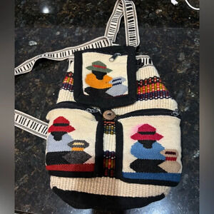 Peruvian wool woven mini backpack. Artisan made, embroidered, burning man, Taos
